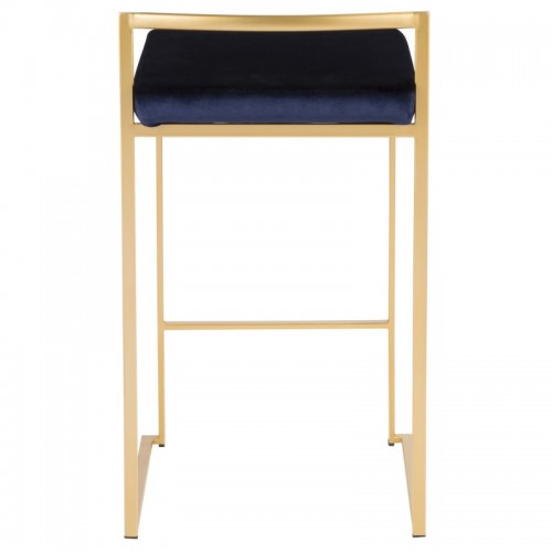 Set of 2 Contemporary-Glam Stackable Counter Stools in Gold with Blue Velvet Cushion Fuji