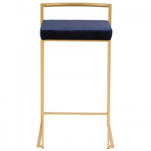 Set of 2 Contemporary-Glam Stackable Counter Stools in Gold with Blue Velvet Cushion Fuji