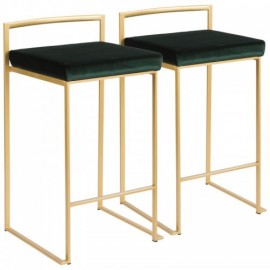 Set of 2 Contemporary-Glam Stackable Counter Stools in Gold with Green Velvet Cushion Fuji
