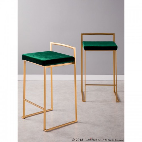 Set of 2 Contemporary-Glam Stackable Counter Stools in Gold with Green Velvet Cushion Fuji