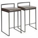 Set of 2 Contemporary Stackable Counter Stools in Black with Brown Faux Leather Cushion Fuji