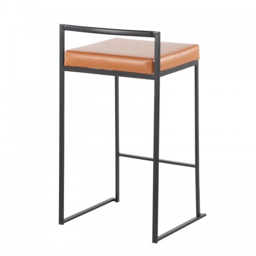Set of 2 Contemporary Stackable Counter Stools in Black with Camel Faux Leather Cushion Fuji