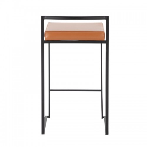 Set of 2 Contemporary Stackable Counter Stools in Black with Camel Faux Leather Cushion Fuji