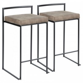 Set of 2 Contemporary Stackable Counter Stools in Black with Brown Cowboy Fabric Cushion Fuji