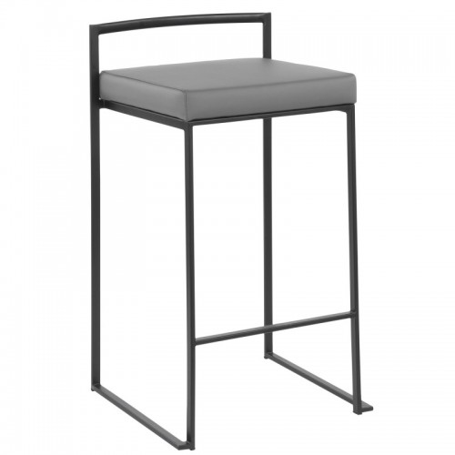 Set of 2 Contemporary Stackable Counter Stools in Black with Grey Faux Leather Cushion Fuji