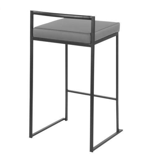 Set of 2 Contemporary Stackable Counter Stools in Black with Grey Faux Leather Cushion Fuji