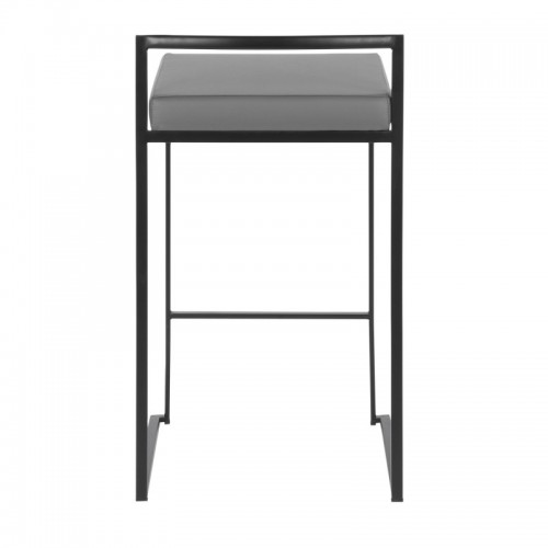 Set of 2 Contemporary Stackable Counter Stools in Black with Grey Faux Leather Cushion Fuji