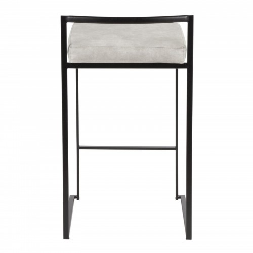 Set of 2 Contemporary Stackable Counter Stools in Black with Light Grey Cowboy Fabric Cushion Fuji