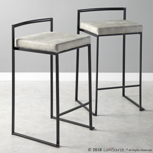 Set of 2 Contemporary Stackable Counter Stools in Black with Light Grey Cowboy Fabric Cushion Fuji