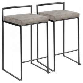 Set of 2 Contemporary Stackable Counter Stools in Black with Stone Cowboy Fabric Cushion Fuji