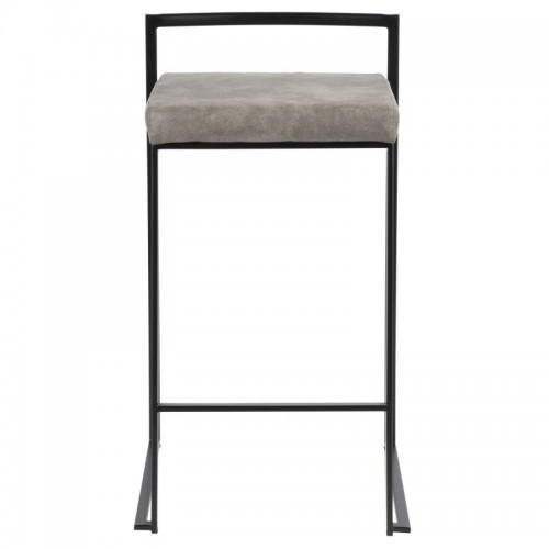Set of 2 Contemporary Stackable Counter Stools in Black with Stone Cowboy Fabric Cushion Fuji