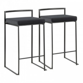 Set of 2 Contemporary Stackable Counter Stools in Black with Black Velvet Cushion Fuji