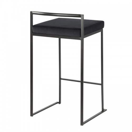 Set of 2 Contemporary Stackable Counter Stools in Black with Black Velvet Cushion Fuji