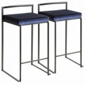 Set of 2 Contemporary Stackable Counter Stools in Black with Blue Velvet Cushion Fuji