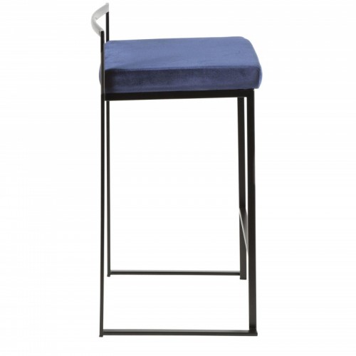 Set of 2 Contemporary Stackable Counter Stools in Black with Blue Velvet Cushion Fuji