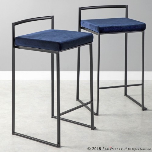 Set of 2 Contemporary Stackable Counter Stools in Black with Blue Velvet Cushion Fuji