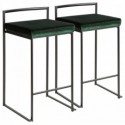 Set of 2 Contemporary Stackable Counter Stools in Black with Green Velvet Cushion Fuji
