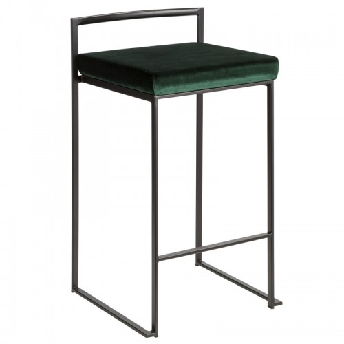 Set of 2 Contemporary Stackable Counter Stools in Black with Green Velvet Cushion Fuji