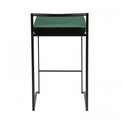 Set of 2 Contemporary Stackable Counter Stools in Black with Green Velvet Cushion Fuji