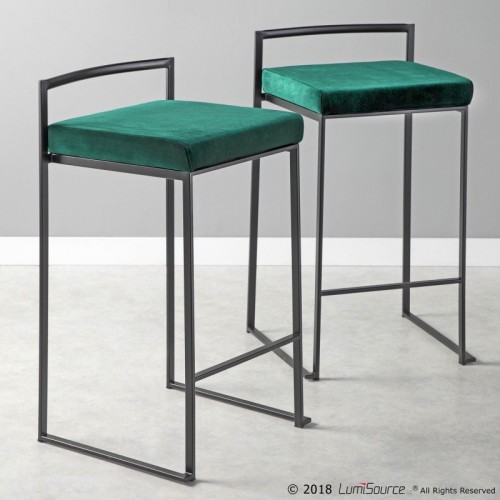 Set of 2 Contemporary Stackable Counter Stools in Black with Green Velvet Cushion Fuji