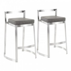 Set of 2 Contemporary Counter Stools in Stainless Steel and Marbled Grey Faux Leather Cushion Fuji DLX