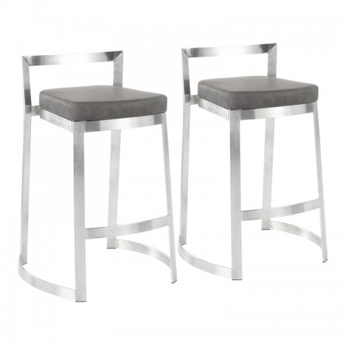 Set of 2 Contemporary Counter Stools in Stainless Steel and Marbled Grey Faux Leather Cushion Fuji DLX