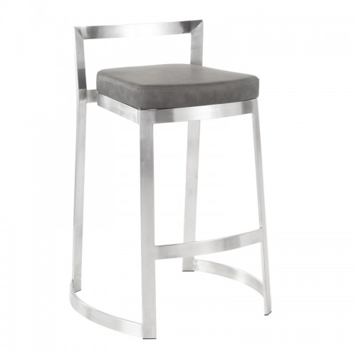 Set of 2 Contemporary Counter Stools in Stainless Steel and Marbled Grey Faux Leather Cushion Fuji DLX