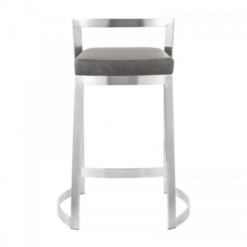 Set of 2 Contemporary Counter Stools in Stainless Steel and Marbled Grey Faux Leather Cushion Fuji DLX