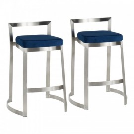 Set of 2 Contemporary Counter Stools in Stainless Steel and Blue Velvet Cushion Fuji DLX
