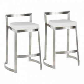 Set of 2 Contemporary Counter Stools in Stainless Steel and White Faux Leather Cushion Fuji DLX