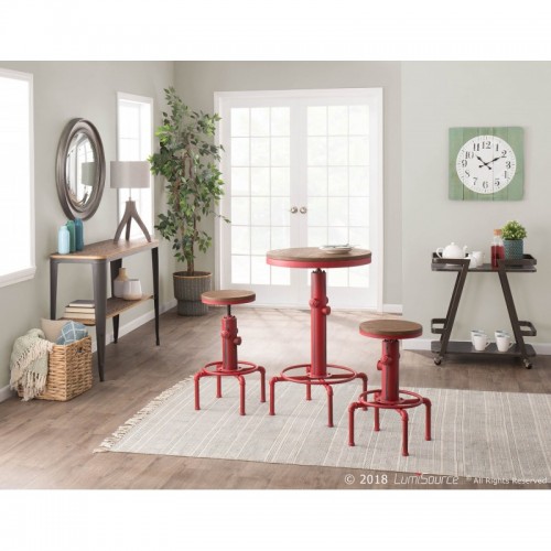 Industrial Bar stool in Vintage Red Metal and Brown WoodPressed Grain Bamboo Hydra