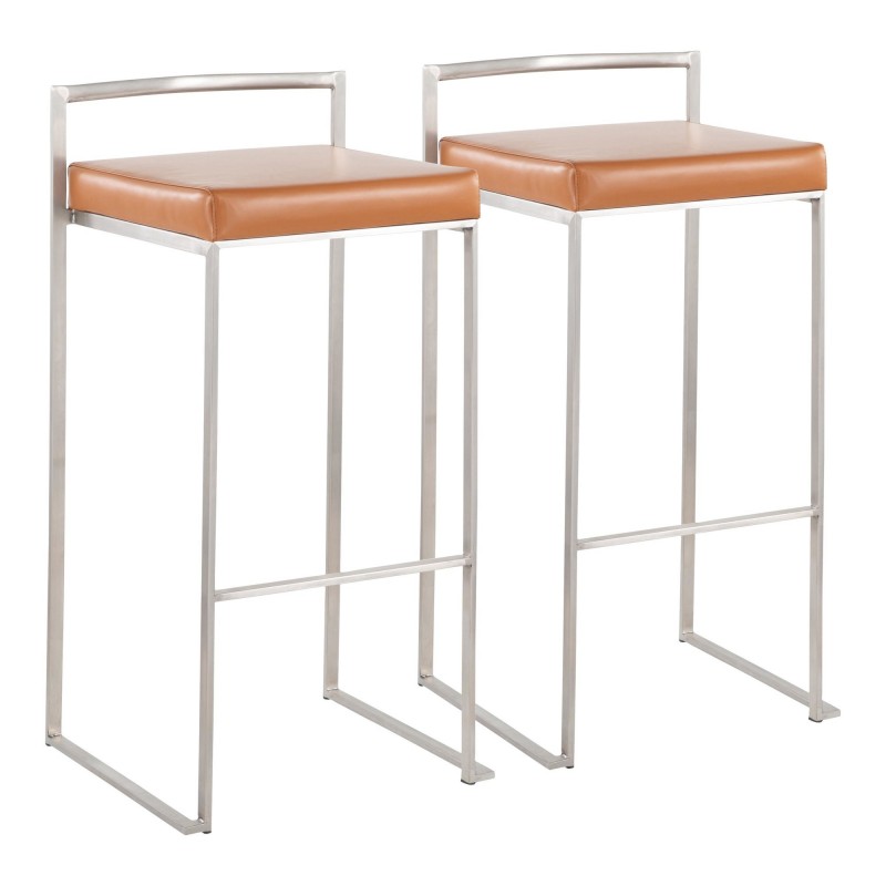 Contemporary Stackable Bar Stools, Camel Leather Bar Stools