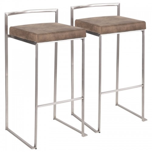 Set of 2 Contemporary Stackable Bar stools in Stainless Steel with Brown Cowboy Fabric Cushion Fuji