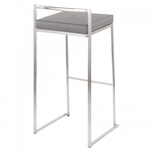 Set of 2 Contemporary Stackable Bar stools in Stainless Steel with Grey Faux Leather Cushion Fuji