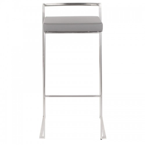 Set of 2 Contemporary Stackable Bar stools in Stainless Steel with Grey Faux Leather Cushion Fuji
