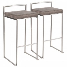Set of 2 Contemporary Stackable Bar stools in Stainless Steel with Stone Cowboy Fabric Cushion Fuji