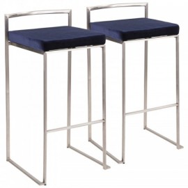 Set of 2 Contemporary Stackable Bar stools in Stainless Steel with Blue Velvet Cushion Fuji