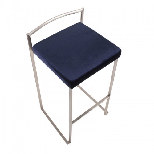 Set of 2 Contemporary Stackable Bar stools in Stainless Steel with Blue Velvet Cushion Fuji