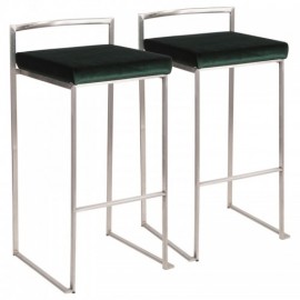 Set of 2 Contemporary Stackable Bar stools in Stainless Steel with Green Velvet Cushion Fuji