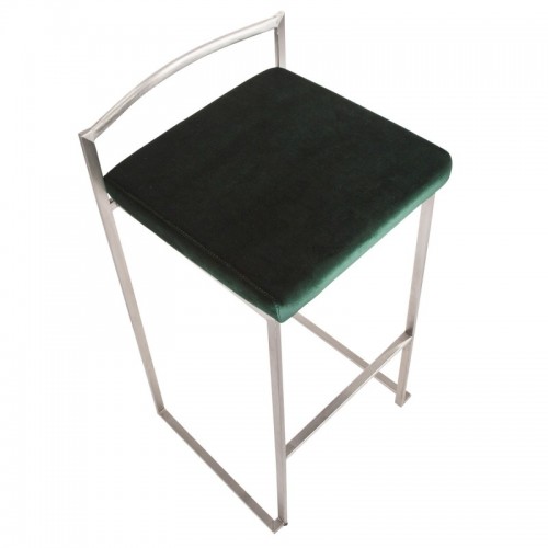 Set of 2 Contemporary Stackable Bar stools in Stainless Steel with Green Velvet Cushion Fuji