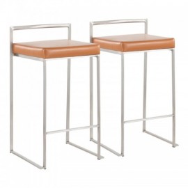 Set of 2 Contemporary Stackable Counter Stools in Stainless Steel with Camel Faux Leather Cushion Fuji