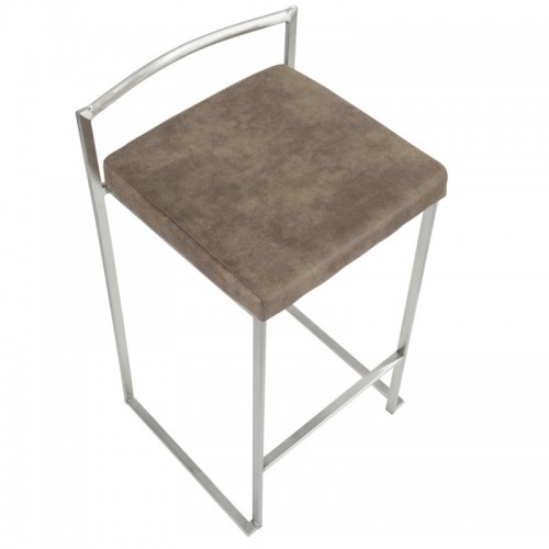 Set of 2 Contemporary Stackable Counter Stools in Stainless Steel with Brown Cowboy Fabric Cushion Fuji