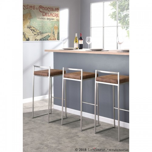 Set of 2 Contemporary Stackable Counter Stools in Stainless Steel with Brown Cowboy Fabric Cushion Fuji