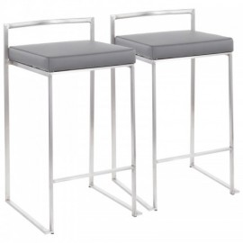 Set of 2 Contemporary Stackable Counter Stools in Stainless Steel with Grey Faux Leather Cushion Fuji