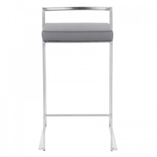 Set of 2 Contemporary Stackable Counter Stools in Stainless Steel with Grey Faux Leather Cushion Fuji