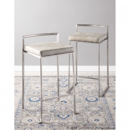 Set of 2 Contemporary Stackable Counter Stools in Stainless Steel with Light Grey Cowboy Fabric Cushion Fuji
