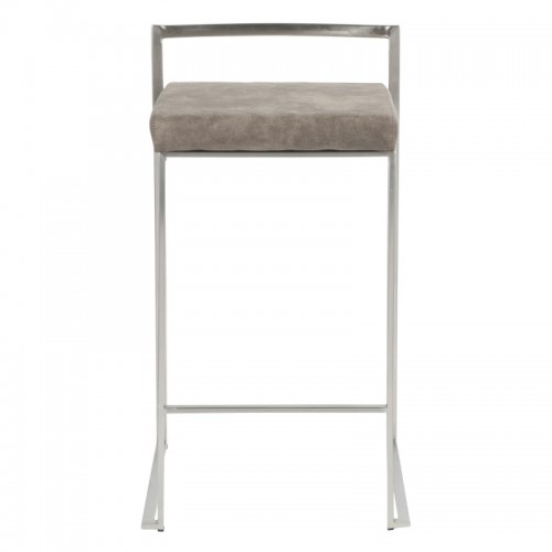 Set of 2 Contemporary Stackable Counter Stools in Stainless Steel with Stone Cowboy Fabric Cushion Fuji