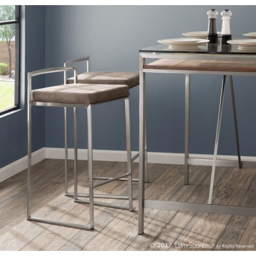 Set of 2 Contemporary Stackable Counter Stools in Stainless Steel with Stone Cowboy Fabric Cushion Fuji