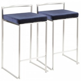 Set of 2 Contemporary Stackable Counter Stools in Stainless Steel with Blue Velvet Cushion Fuji
