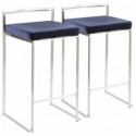 Set of 2 Contemporary Stackable Counter Stools in Stainless Steel with Blue Velvet Cushion Fuji